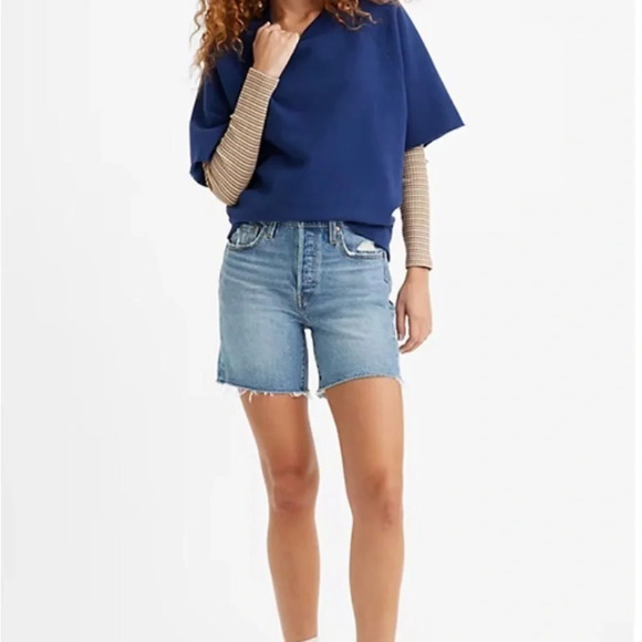 Levi 501 Shorts Women Sz 33 Cutoffs Dark Wash Button Front High Rise - Picture 1 of 9